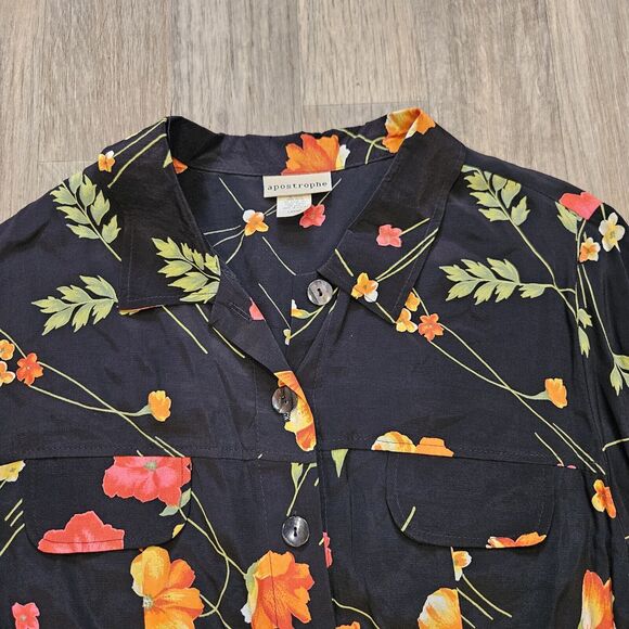 Vtg Apostrophe Floral Blouse Womens L Black Multi Cropped Boho Tropical NEW - Picture 2 of 9